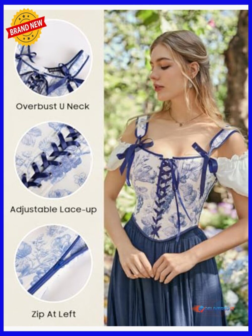 Renaissance Floral Lace-Up Overbust Corset Bodice Top - Picture 6 of 7